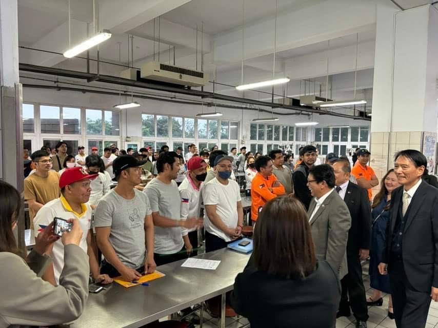 MECO chairman Silvestre H. Bello III meets Fillipino workers of I-Mei Foods Ltd., a leading Taiwanese food processing company, in Taoyuan, Taiwan. I-Mei has hired more than 10,000 OFWs and promoted over 50 of them to mid-level managerial positions.